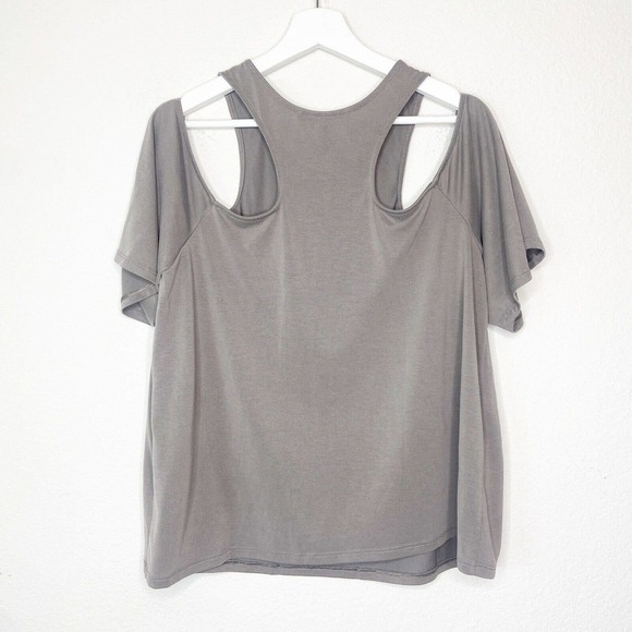 BCBCMaxAzria Kelsey Cold Shoulder Taupe Top L - Picture 7 of 9